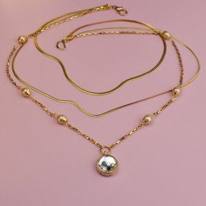 Gold chain layered necklace with crystal charm, multi layer flat snake chain